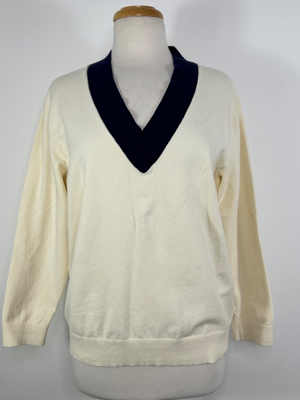 Lauren Ralph Lauren Womens Sz M Cream Navy V-Neck Cotton Blend Sweater Old Mone